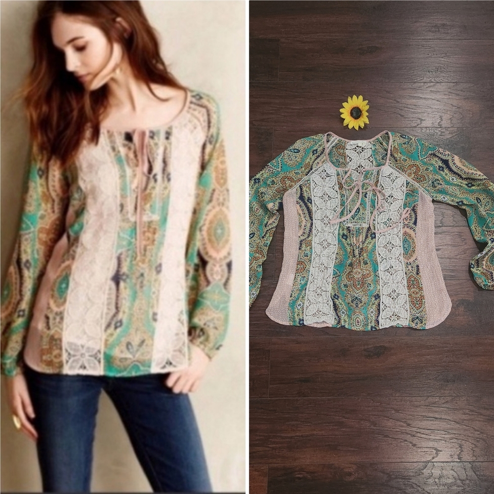 Meadow Rue Anthropologie Crochet Lace Peasant Blouse Medium - Picture 2 of 13